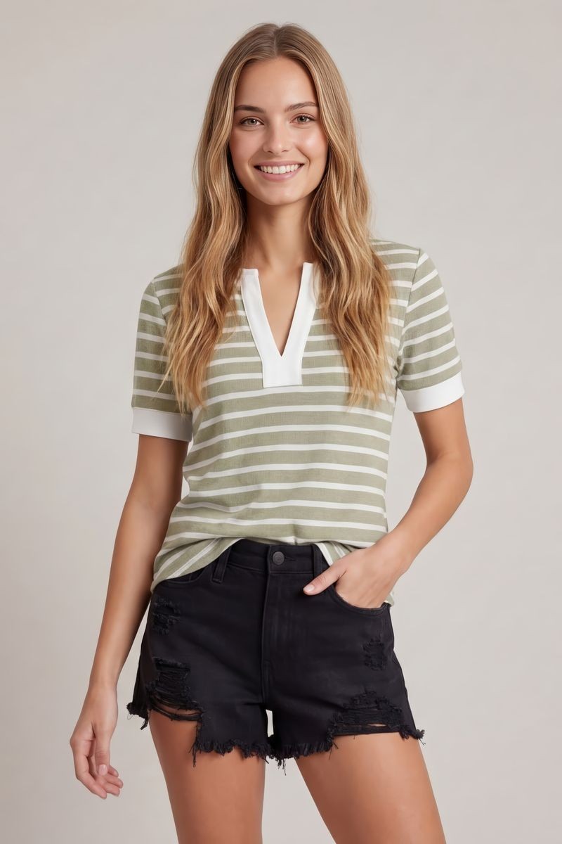 Split V-neck Striped Short Sleeve Top