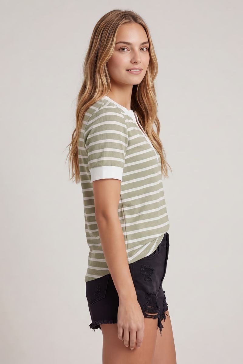 Split V-neck Striped Short Sleeve Top