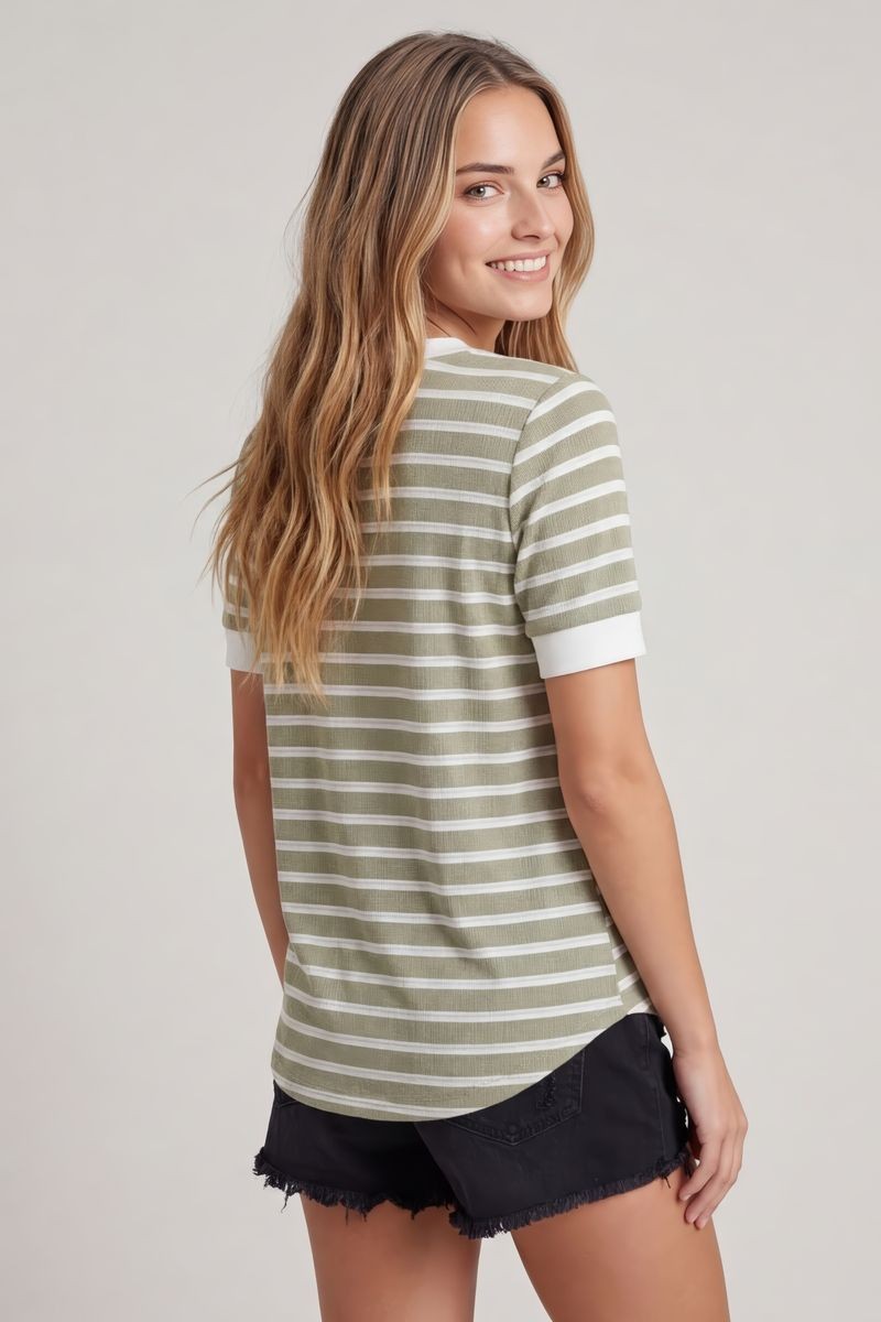 Split V-neck Striped Short Sleeve Top