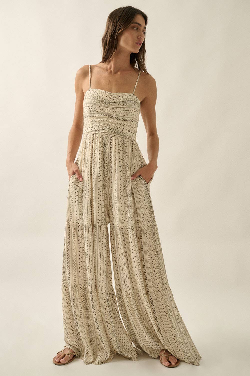 Geometric-Print Ruched Wide-Leg Tiered Ruffle Cami Jumpsuit: Oatmeal
